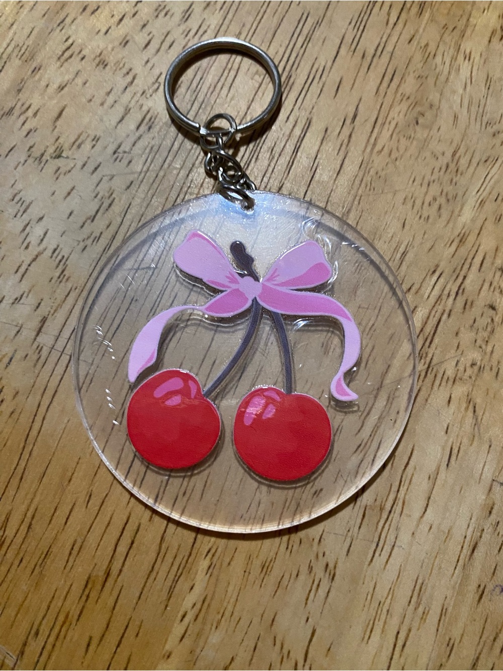 Clear Cherry Keychain Pink Bow, Red Cherries
